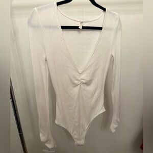 Free People Ribbed White V-Neck Bodysuit